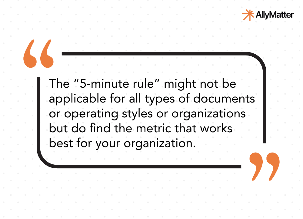 Quote graphic about the 5-minute rule for documentation readability, emphasizing finding the right metric for your organization's knowledge base content