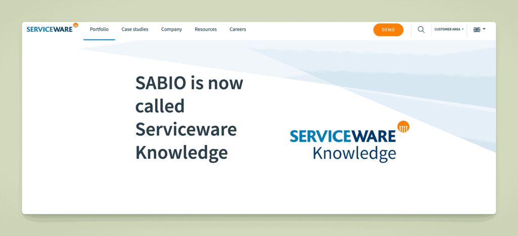 Serviceware Knowledge platform announcement showing SABIO rebrand to Serviceware Knowledge with company logo and branding transition
