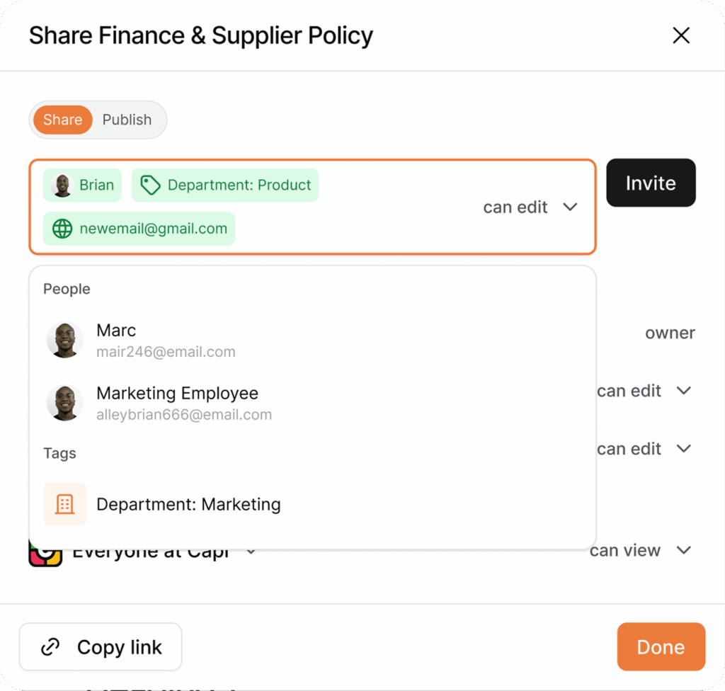 AllyMatter document sharing interface displaying granular permission controls for Finance & Supplier Policy with role-based access management