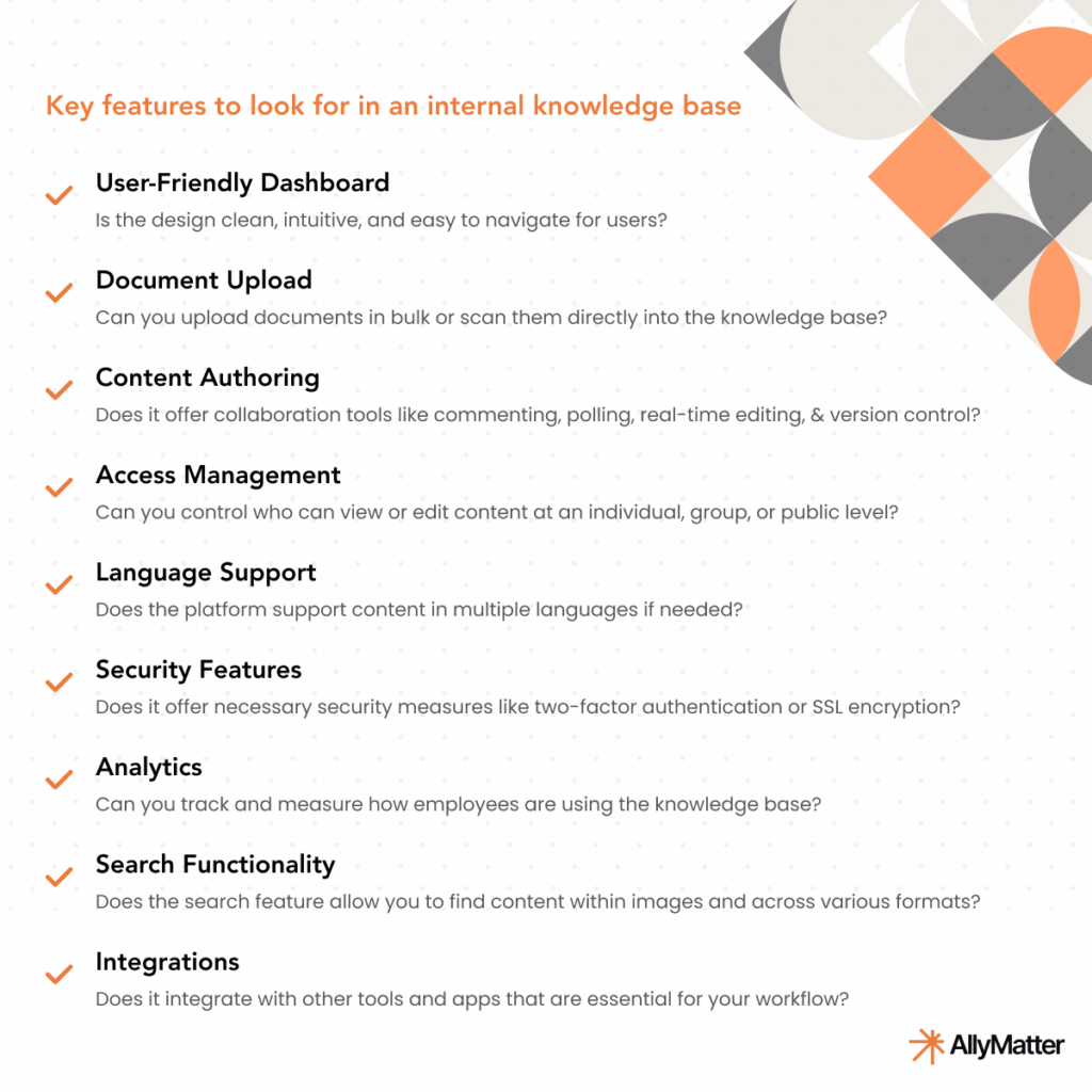 Nine-point checklist of key features to look for in internal knowledge base software, including user-friendly dashboard, document upload, content authoring, and security features