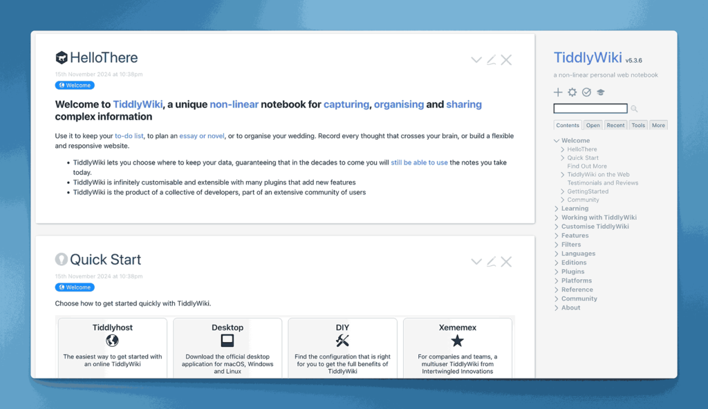 TiddlyWiki non-linear personal web notebook interface showing welcome page and quick start options for knowledge organization