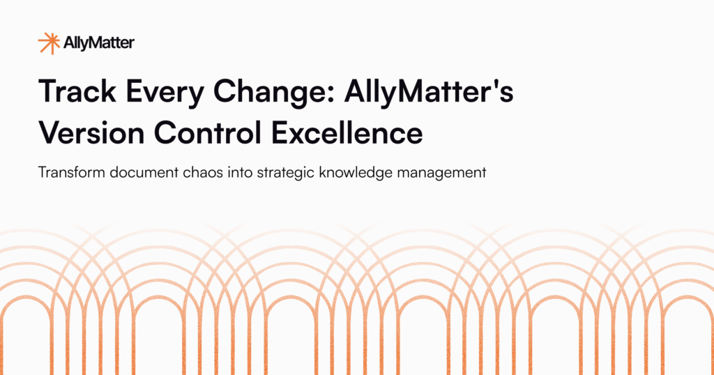 AllyMatter blog banner for version control excellence article with document management graphics