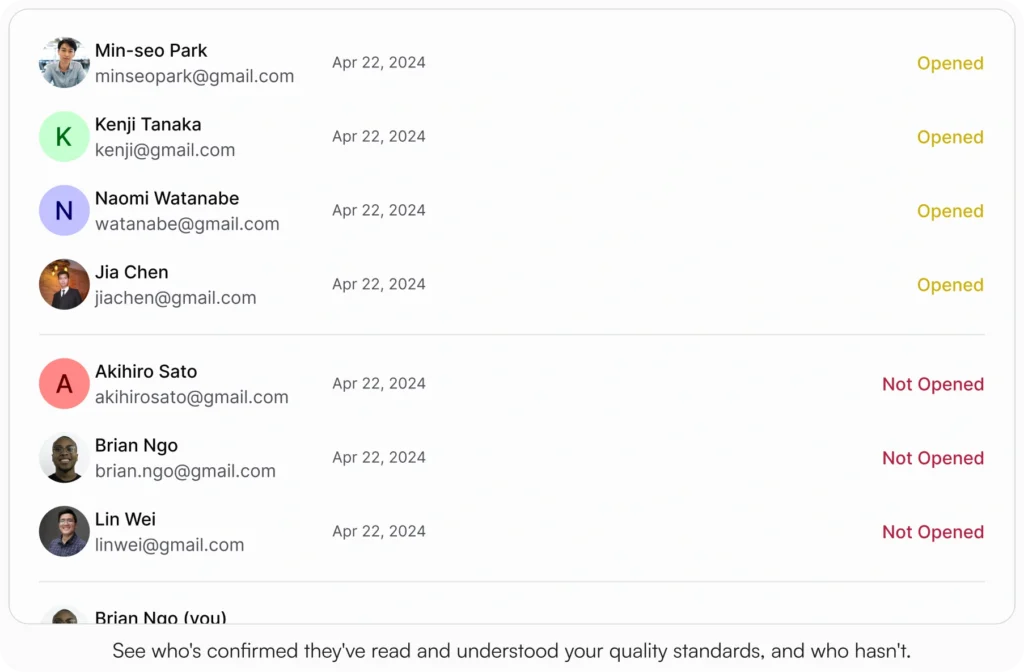 AllyMatter acknowledgment tracking screen showing which team members have opened a document and which have not, with names and dates listed.