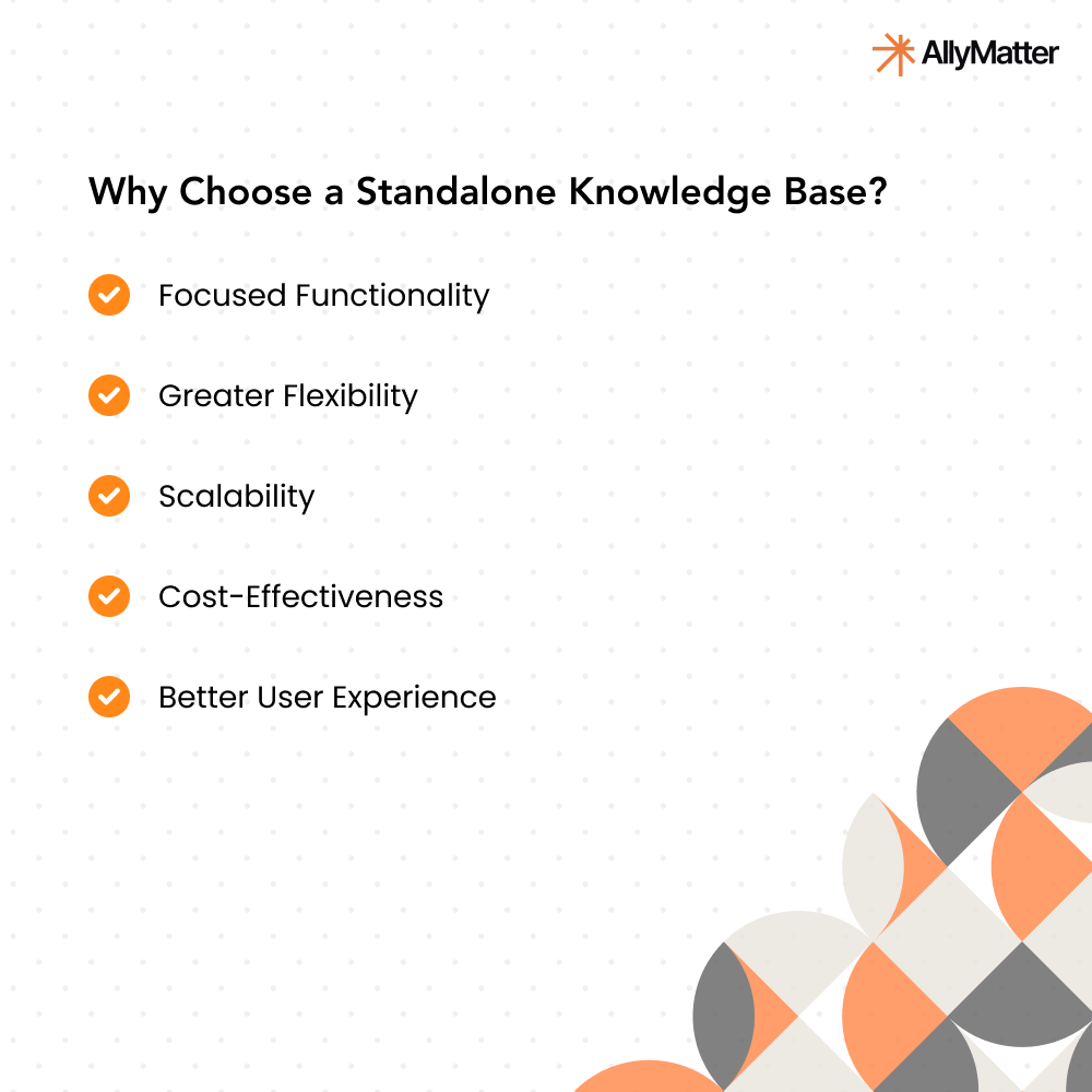 Infographic showing key benefits of choosing a standalone knowledge base, including functionality, flexibility, scalability, cost-effectiveness, and user experience.