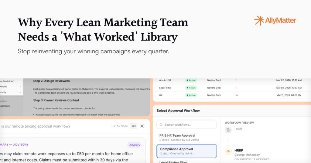 Banner reading "Why Every Lean Marketing Team Needs a 'What Worked' Library - Stop reinventing your winning campaigns every quarter" with the AllyMatter logo, over a faded background collage of a document search result, a tags management list, and an approval workflow panel.