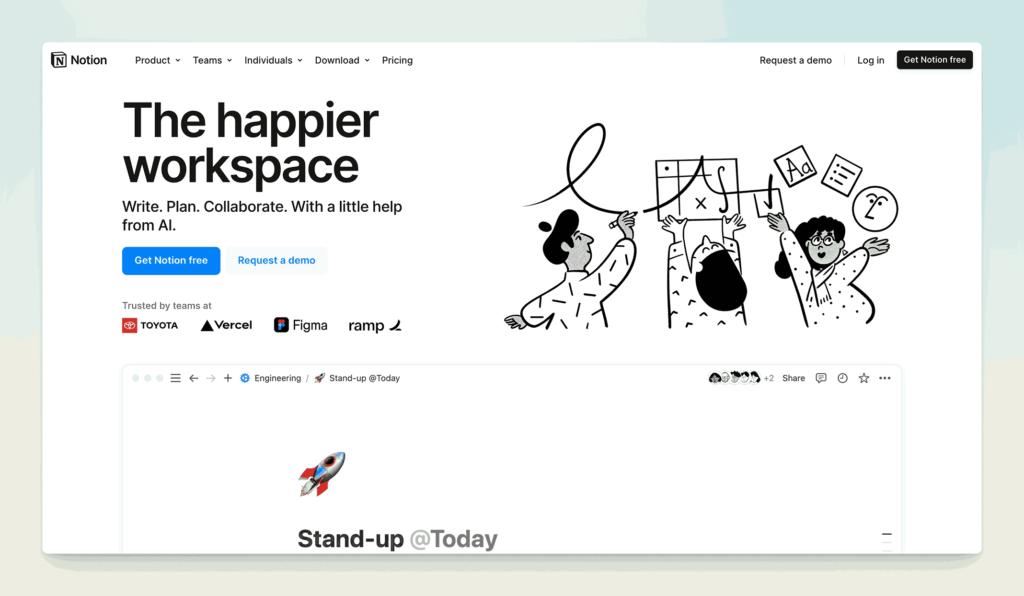 Notion AI-powered workspace platform showing collaborative documentation interface with stand-up meeting templates for team productivity and knowledge sharing