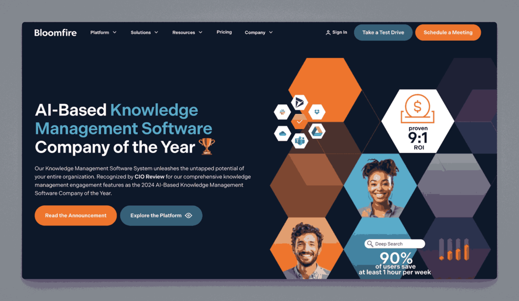Bloomfire AI-based knowledge management software platform featuring award-winning interface with proven ROI metrics and deep search capabilities