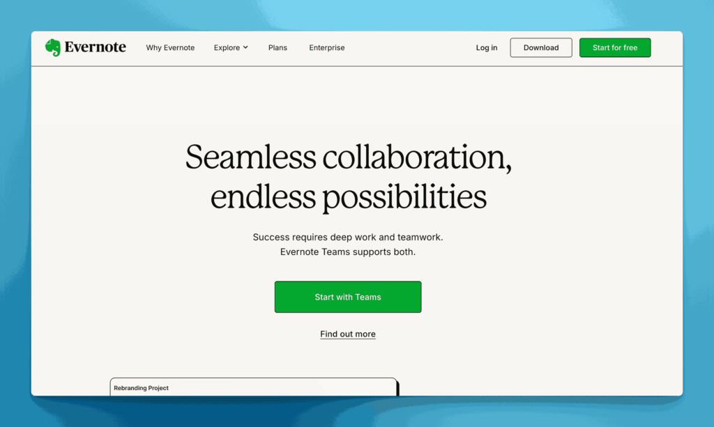 Evernote Teams seamless collaboration platform for endless possibilities in team documentation and knowledge sharing with deep work support