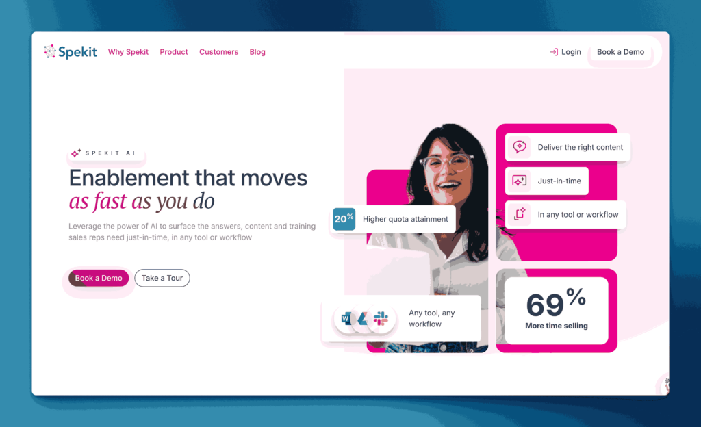 Spekit AI enablement platform showing just-in-time content delivery with workflow integration and performance metrics for sales teams