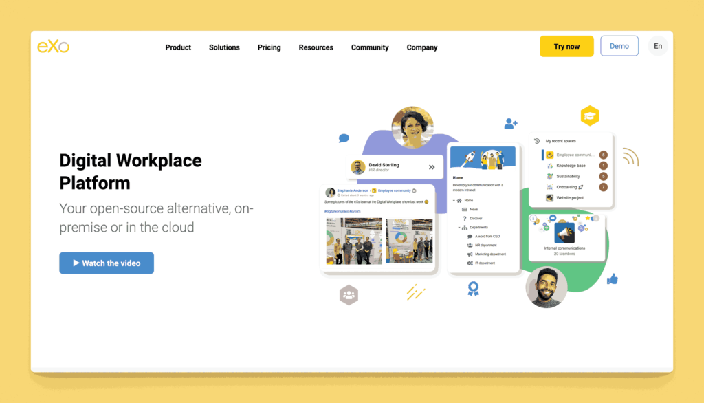 eXo digital workplace platform showing open-source alternative with employee communication features and knowledge base integration for teams