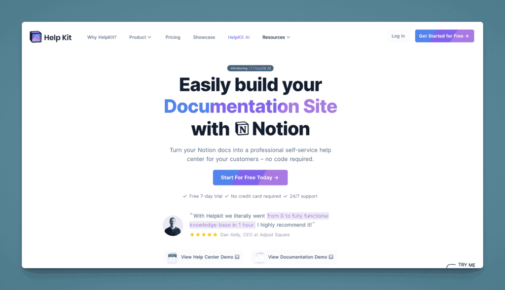 HelpKit platform for building documentation sites with Notion integration and professional self-service help center features