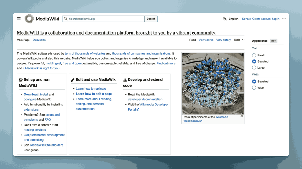 MediaWiki collaboration documentation platform main page showing Wikipedia-powered wiki software with community features and developer resources
