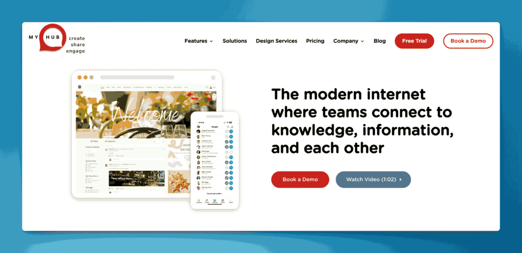 MyHub modern intranet platform for team connection to knowledge and information with video demonstrations and collaboration features