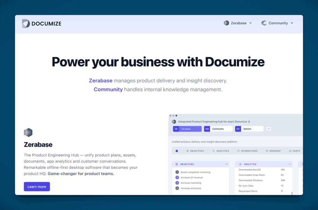 Documize integrated platform interface showing product engineering hub with analytics objectives and team collaboration dashboard features