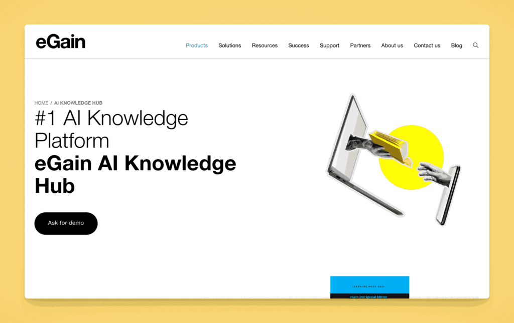 eGain AI Knowledge Hub #1 AI knowledge platform with hands reaching through laptop screen demonstrating interactive knowledge transfer