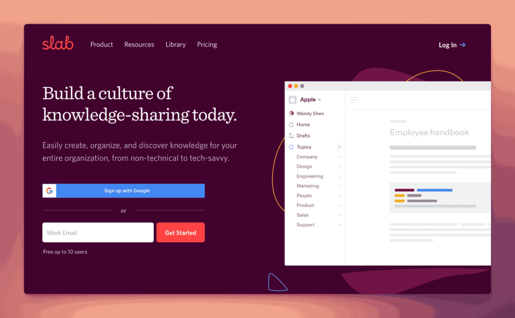 Slab knowledge management platform featuring modern interface with Google Workspace SSO integration and team collaboration tools for enterprise knowledge sharing