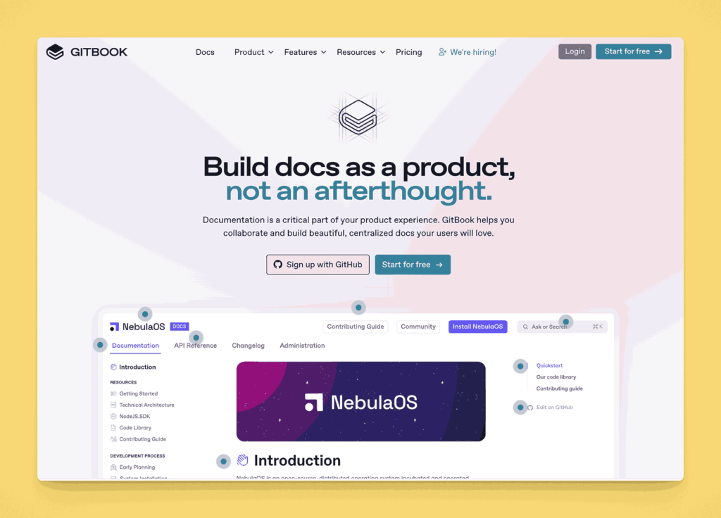 GitBook documentation platform interface demonstrating technical knowledge base creation with GitHub integration and enterprise-grade documentation workflows for development teams