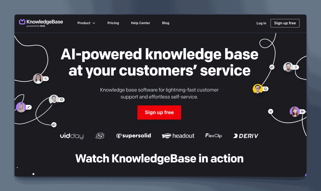 KnowledgeBase powered by texti AI-powered knowledge base for lightning-fast customer support and effortless self-service with company logos