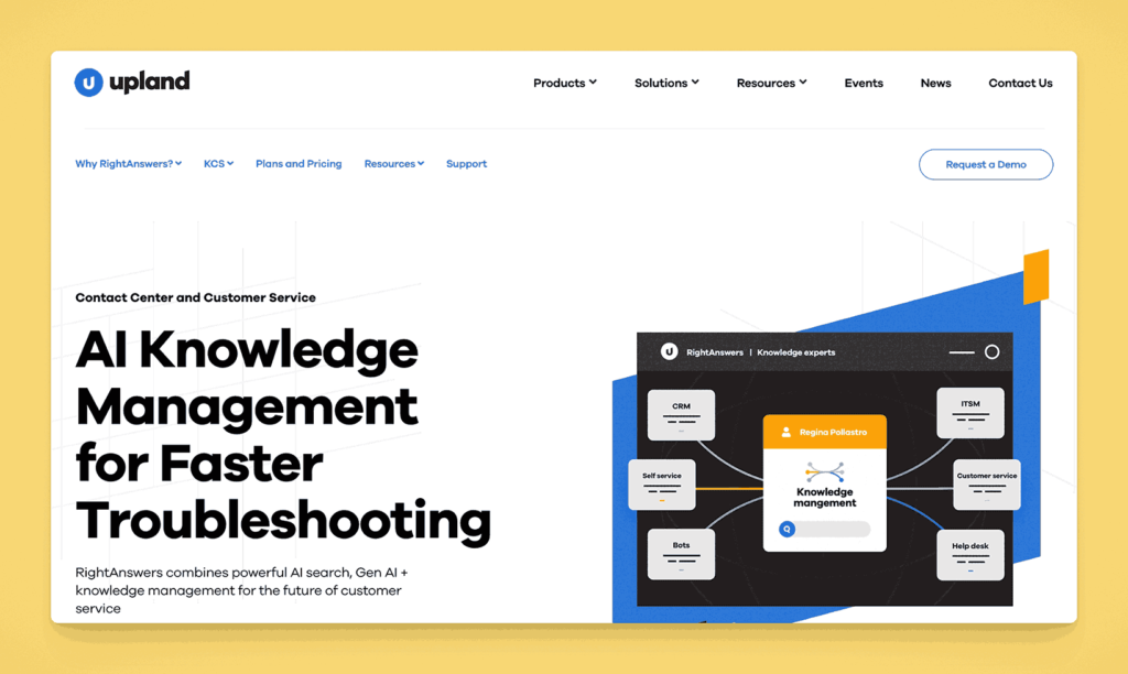 Upland RightAnswers AI knowledge management platform for faster troubleshooting with powerful AI search and Gen AI features for customer service