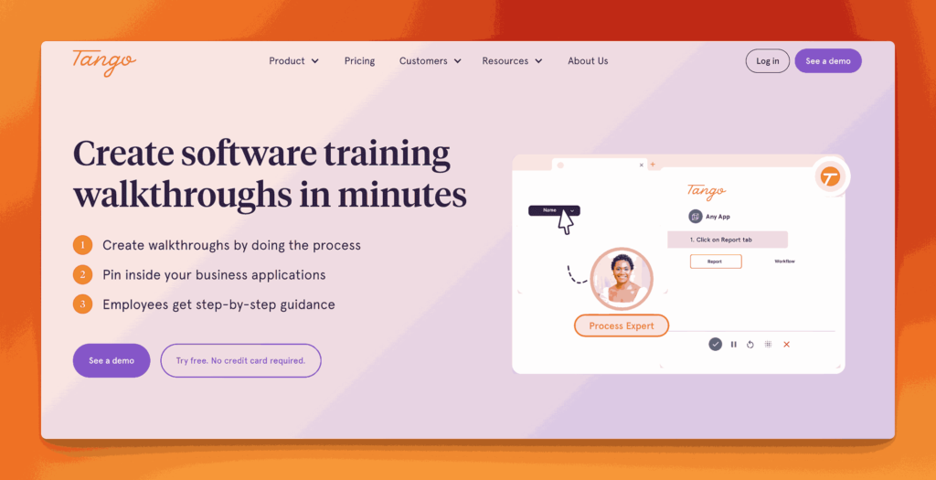 Tango software for creating training walkthroughs in minutes with step-by-step guidance and process expert features