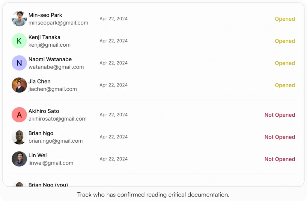 AllyMatter acknowledgment tracking view showing which team members have opened or not opened a shared document