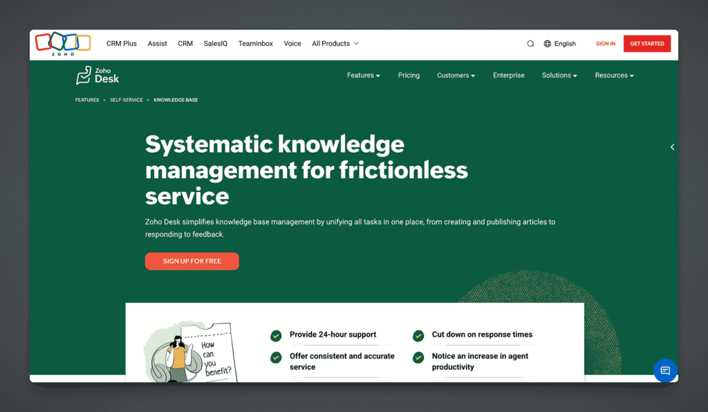 Zoho Desk systematic knowledge management platform for frictionless service with 24-hour support and agent productivity features