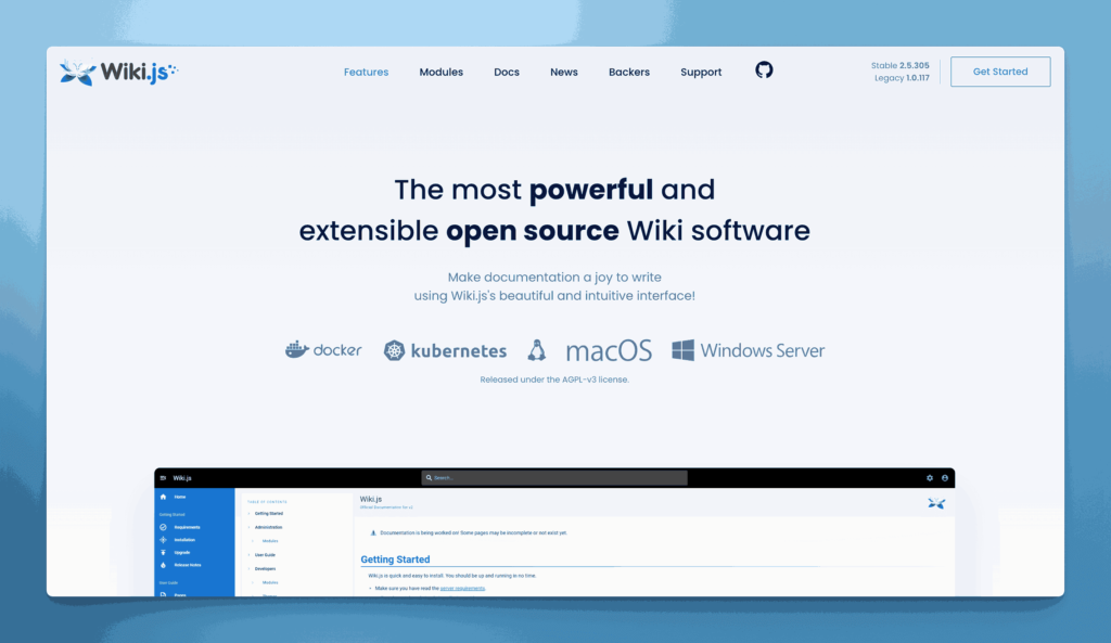 Wiki.js powerful and extensible open source wiki software supporting Docker, Kubernetes, macOS, and Windows Server with beautiful interface
