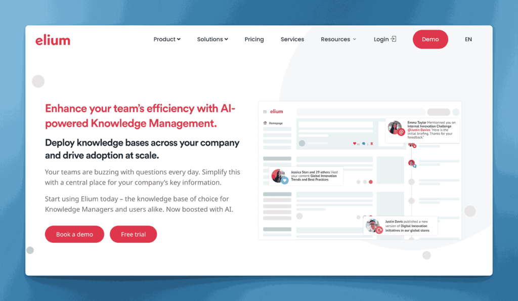 Elium AI-powered knowledge management platform for enhancing team efficiency and deploying knowledge bases across companies