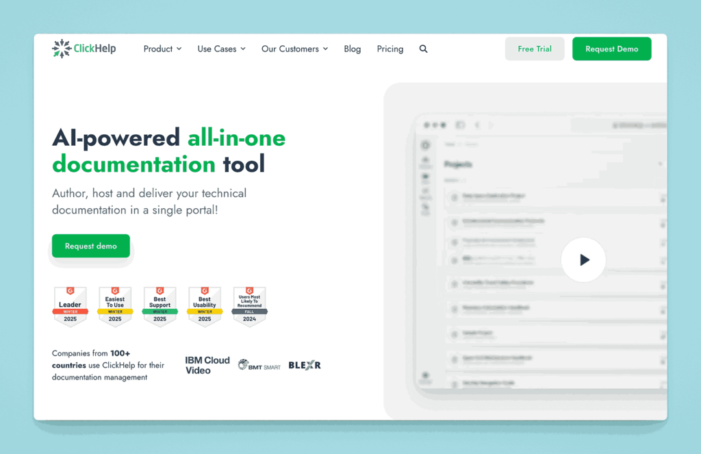 ClickHelp AI-powered all-in-one documentation tool for authoring, hosting and delivering technical documentation with G2 awards
