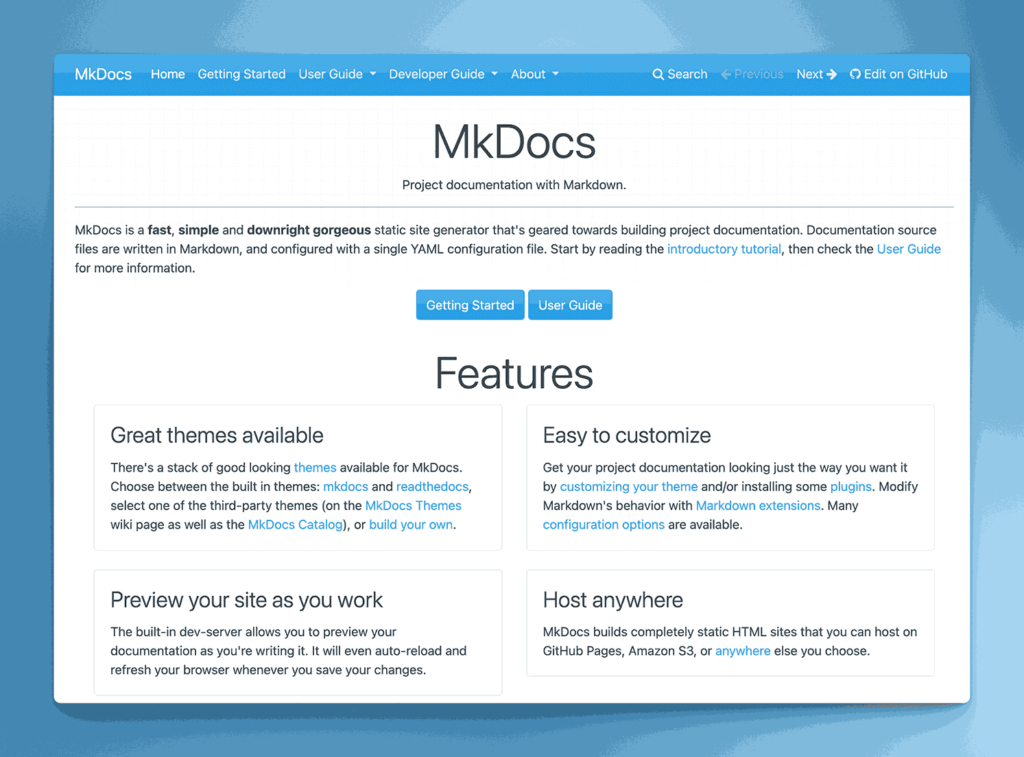 MkDocs fast static site generator for project documentation using Markdown with themes and customization options