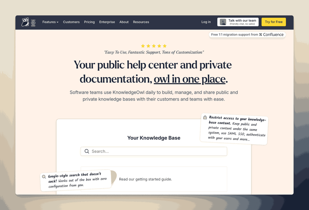 KnowledgeOwl knowledge base platform interface for public help center and private documentation with search functionality