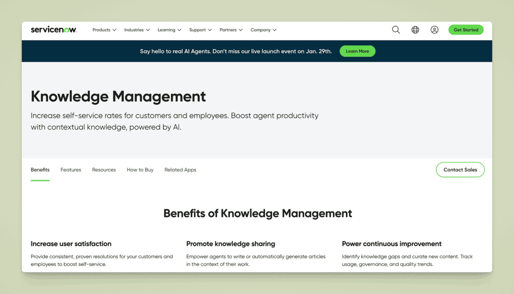 ServiceNow Knowledge Management platform for increasing self-service rates and boosting agent productivity with AI-powered contextual knowledge
