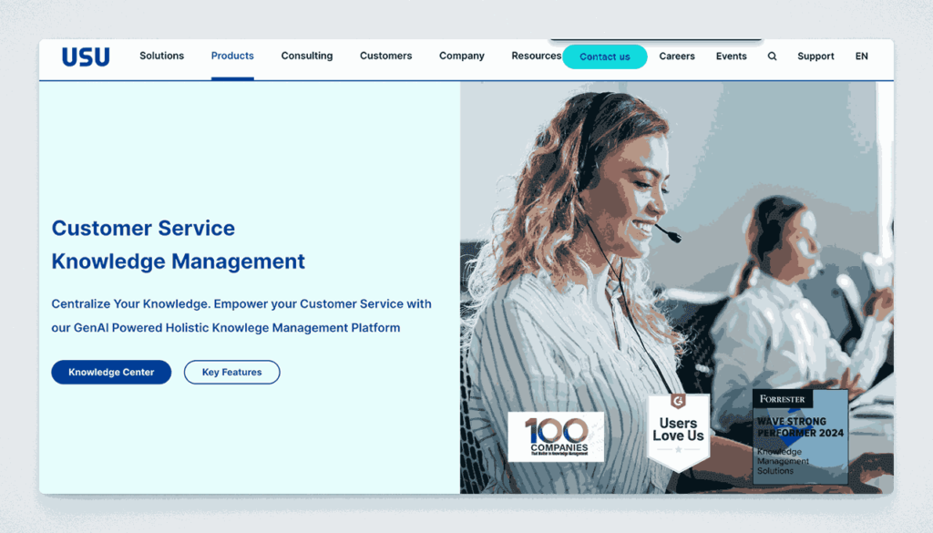 USU Customer Service Knowledge Management platform homepage featuring GenAI powered holistic knowledge management with Forrester Wave Strong Performer 2024 badge