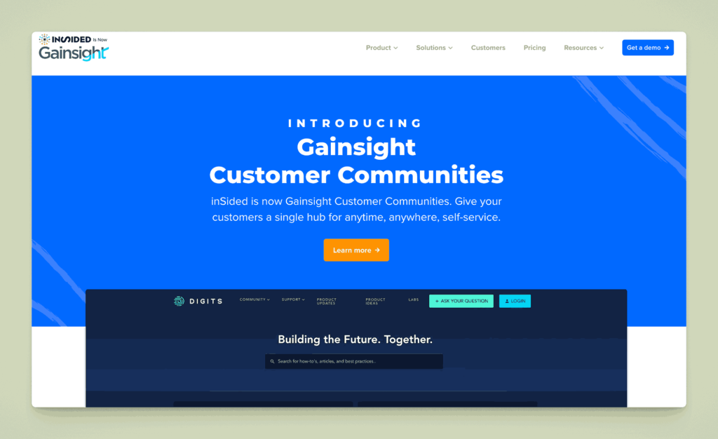 Gainsight Customer Communities platform homepage introducing single hub for anytime, anywhere customer self-service and support