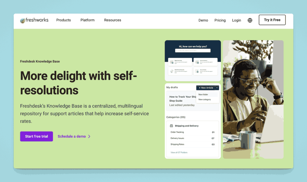 Freshworks Knowledge Base platform for increasing customer self-service rates with centralized multilingual support article repository