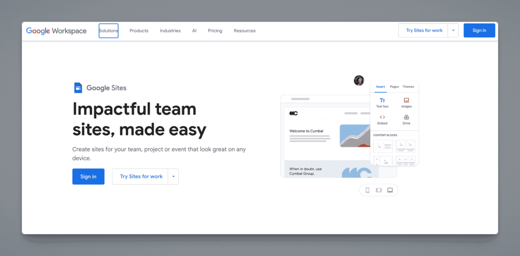 Google Sites platform for creating impactful team collaboration websites with drag-and-drop site building for projects and events