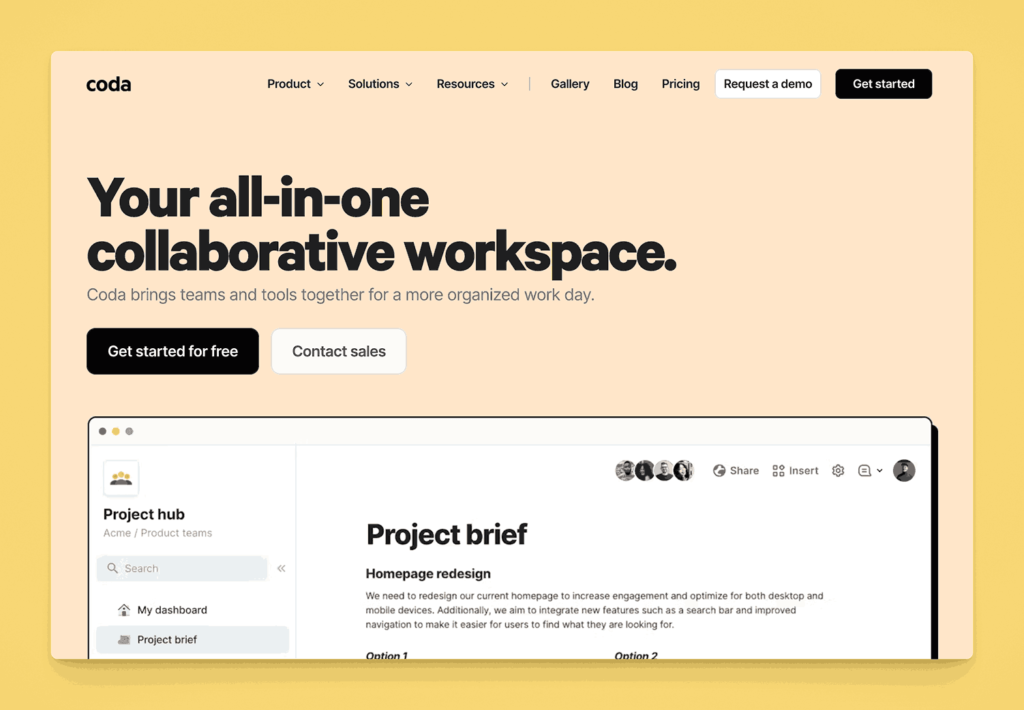 Coda all-in-one collaborative workspace platform combining documents, databases and project management for organized team productivity