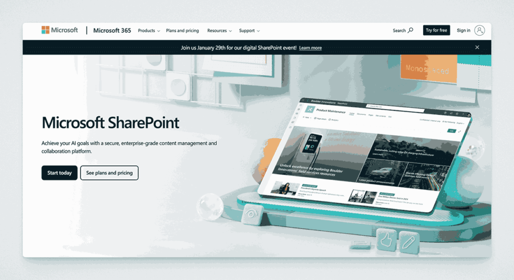 Microsoft SharePoint enterprise content management and collaboration platform homepage featuring secure document sharing and team coordination