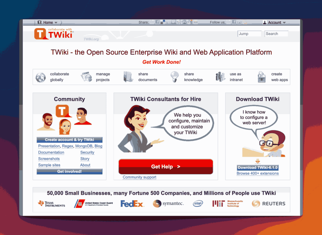 TWiki open source enterprise wiki and web application platform homepage showing collaboration tools for global teams and knowledge sharing