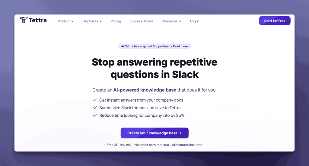 Tettra AI-powered knowledge base platform homepage showing Slack integration features for HR teams to stop answering repetitive questions