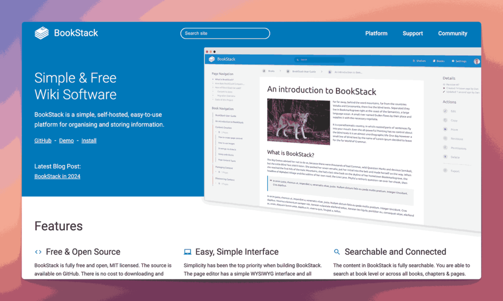 BookStack open source knowledge base platform showing enterprise SSO integration with hierarchical book-chapter-page structure and self-hosted deployment options for enterprise teams