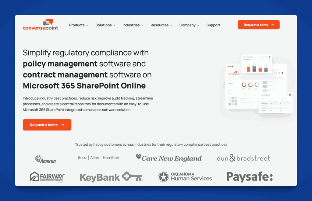 ConvergePoint regulatory compliance software homepage featuring policy management and contract management software integrated with Microsoft 365 SharePoint Online