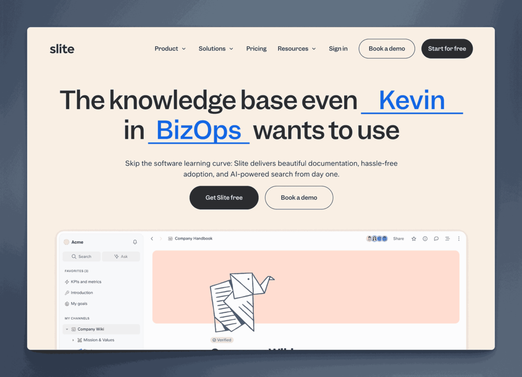 Slite knowledge base platform homepage highlighting AI-powered search and verification features for HR policy management