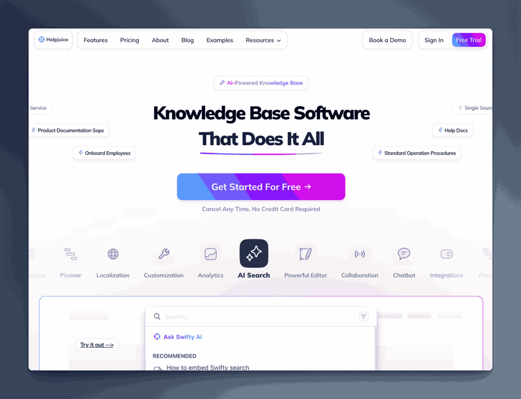 Helpjuice AI-powered knowledge base software featuring comprehensive tools including AI search, powerful editor, collaboration and chatbot integration