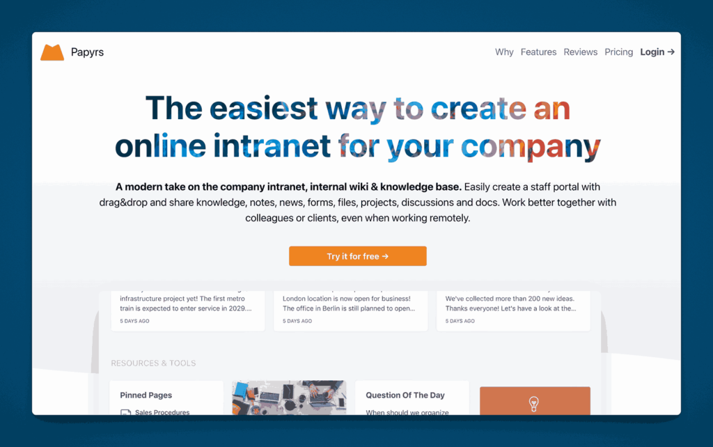 Papyrs drag-and-drop intranet and knowledge base platform for creating online company intranets with modern design and easy setup