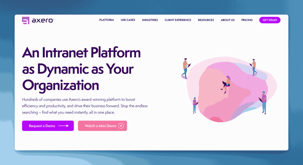 Axero intranet platform homepage promoting dynamic organizational efficiency and productivity with award-winning collaboration features