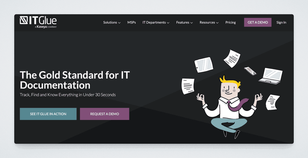 IT Glue documentation platform marketed as the gold standard for IT documentation with 30-second information tracking and finding capabilities