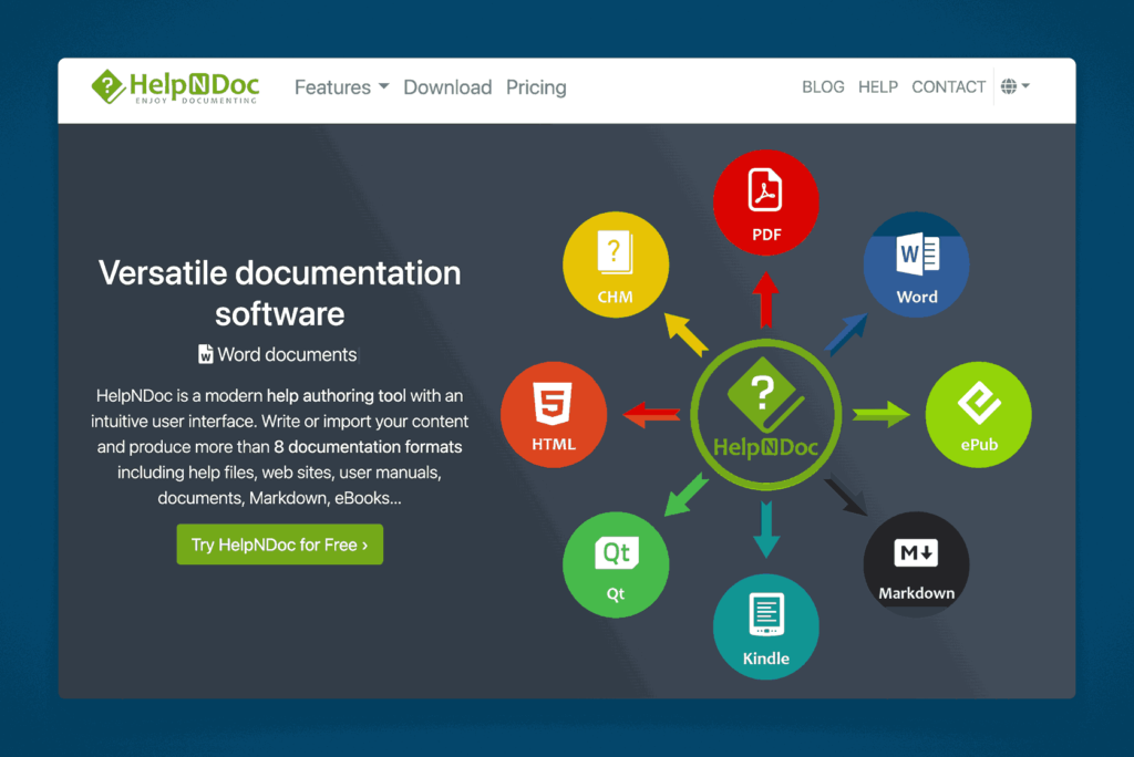 HelpNDoc versatile documentation software homepage displaying multiple output formats including PDF, Word, HTML, CHM, ePub and Markdown