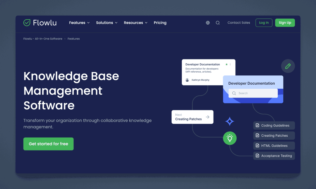 Flowlu knowledge base management software interface showing collaborative knowledge management and documentation features