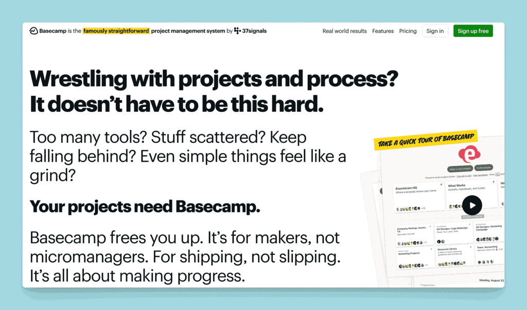 Basecamp project management system homepage highlighting straightforward approach to managing projects and processes with integrated documentation